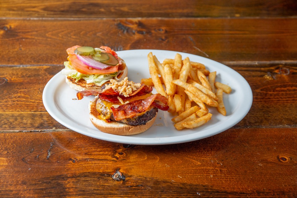 Wychwood burger stacked high with crispy fries